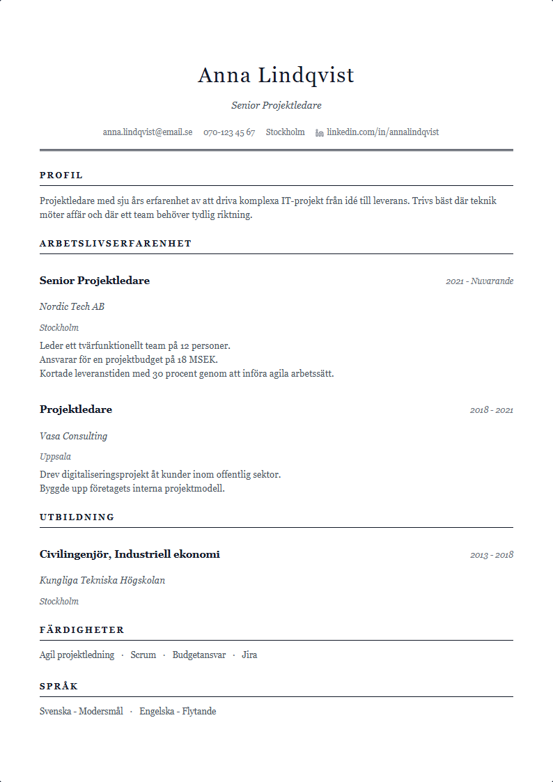 Akademisk CV Mall — professionell CV-mall förhandsvisning