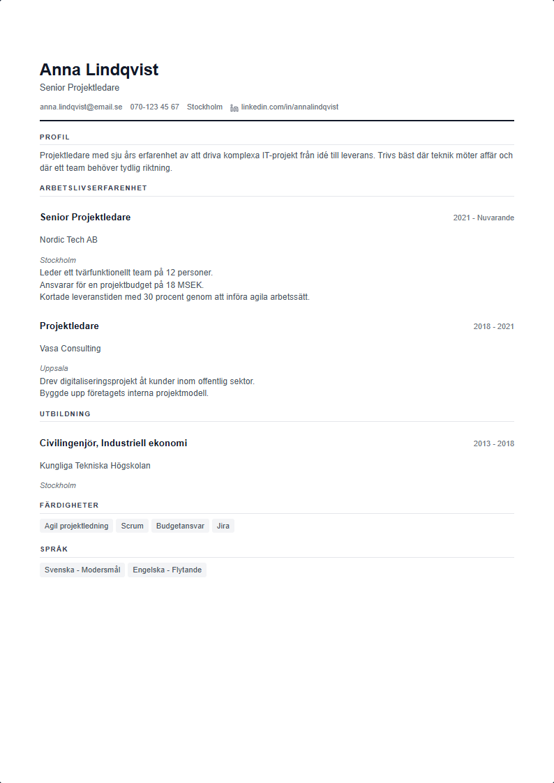 Kompakt CV Mall — professionell CV-mall förhandsvisning