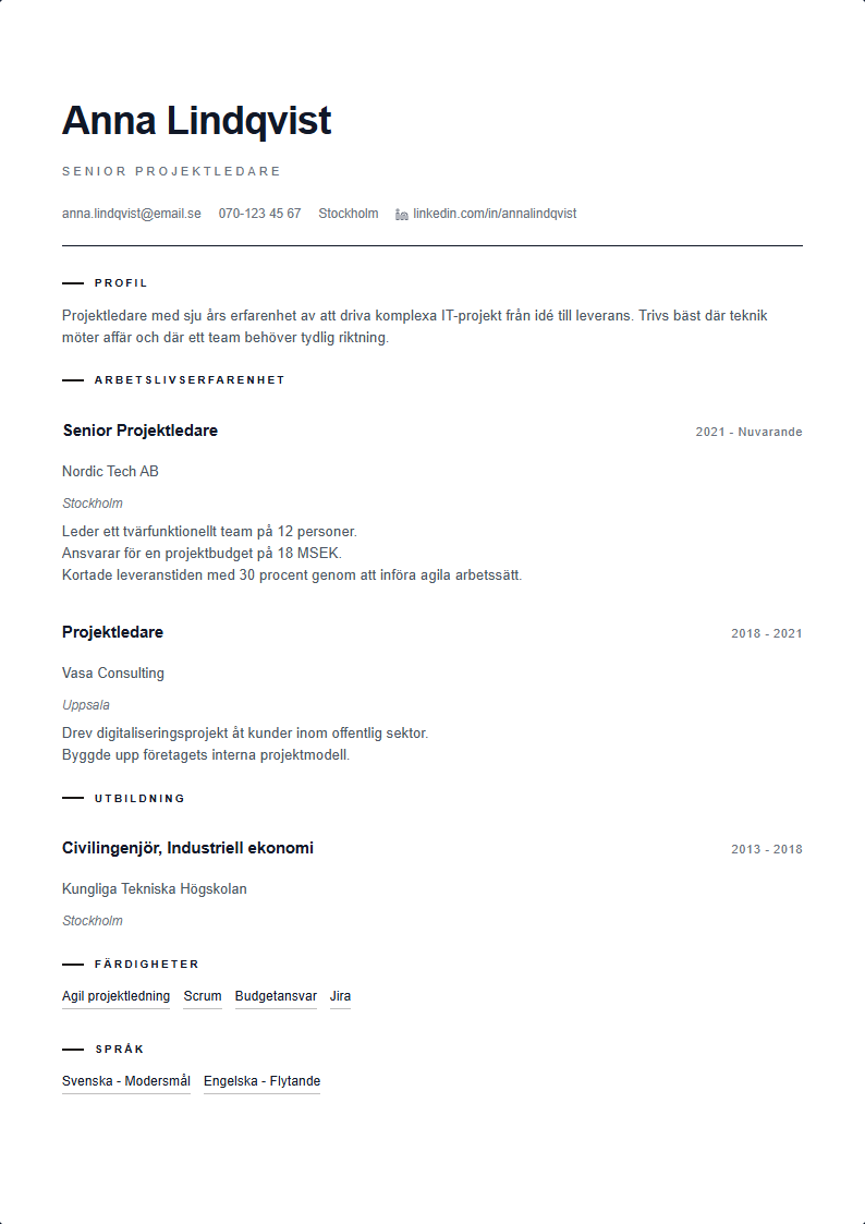 Kontrast CV Mall — professionell CV-mall förhandsvisning