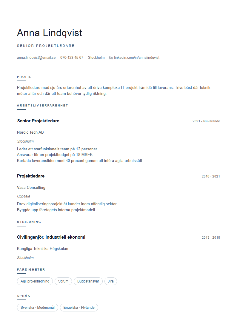 Nordisk CV Mall — professionell CV-mall förhandsvisning