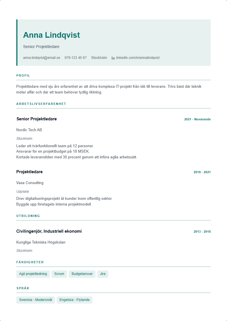 Oslo CV Mall — professionell CV-mall förhandsvisning