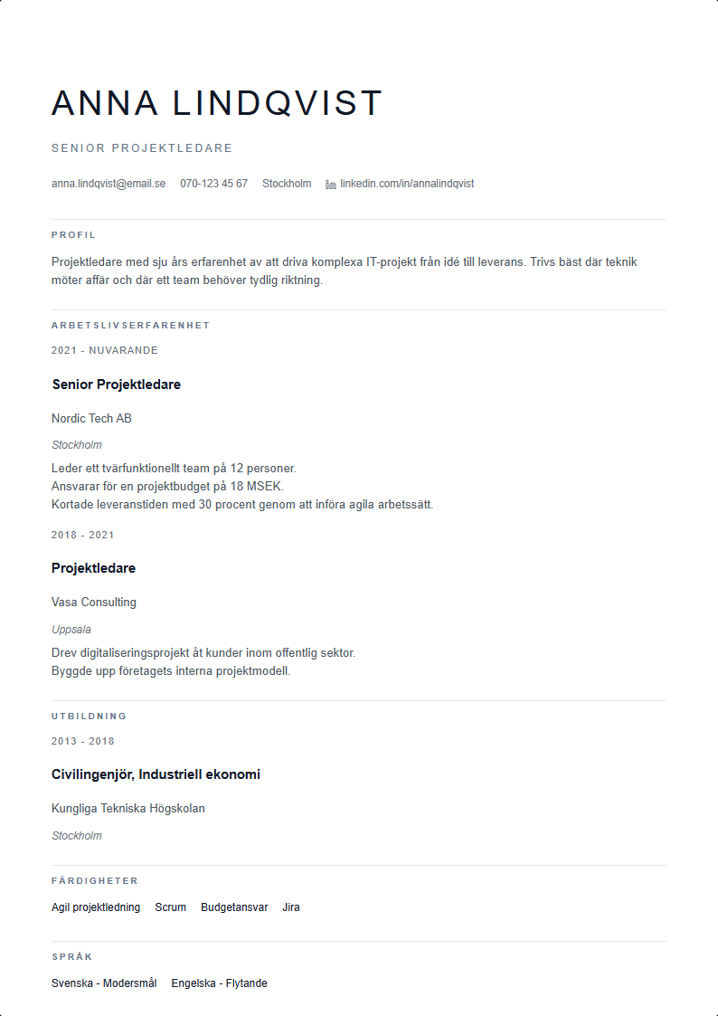Slate CV Mall — professionell CV-mall förhandsvisning