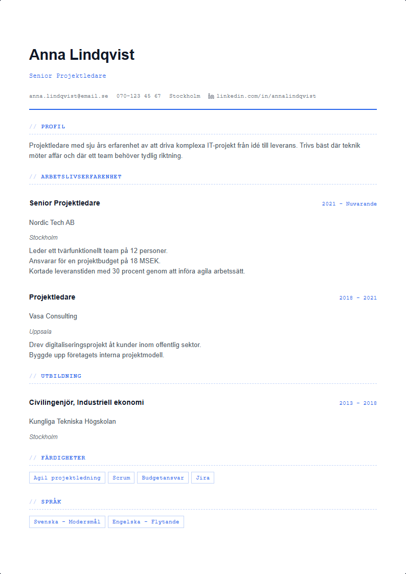 Teknisk CV Mall — professionell CV-mall förhandsvisning