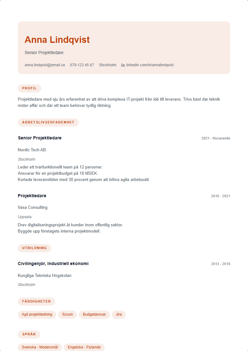 Varm CV Mall — professionell CV-mall förhandsvisning